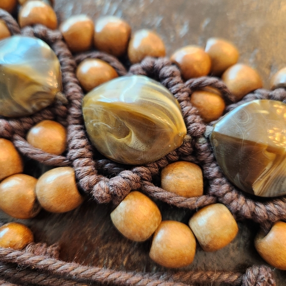 Vintage 70s Macramé Belt Wooden Beads and Tigers Eye Agate 69" BOHO Retro Hippie - Picture 11 of 13